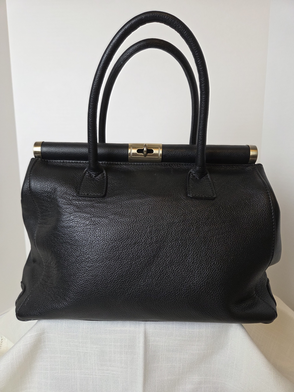 Black Leather Top-Handle Women's Bag with Gold Hardware